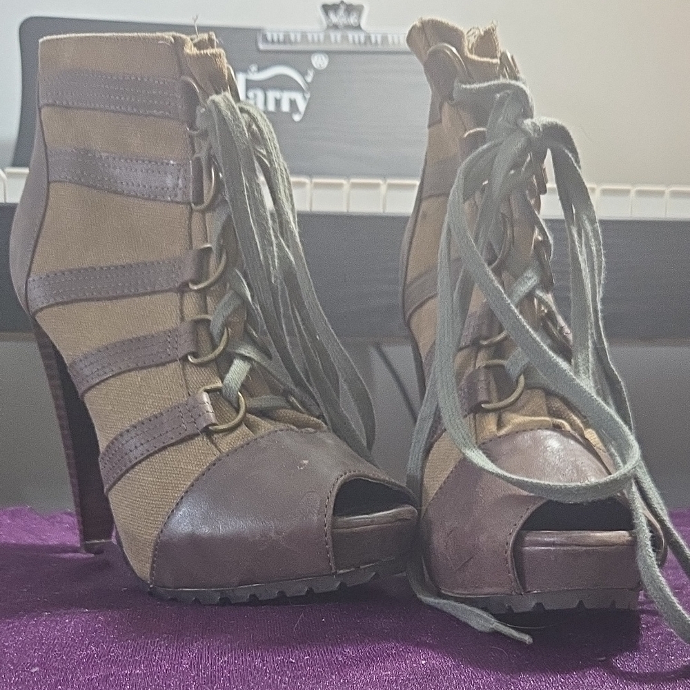 Aldo Brown and Tan Heeled Boots with Lace-Up Design
